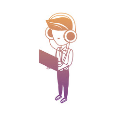 avatar businessman standing and using a laptop computer and headphones over white background, colorful design. vector illustration