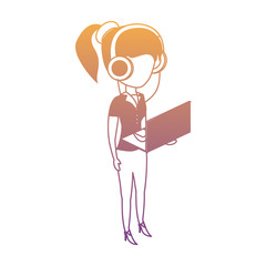 avatar woman standing and using a laptop computer and headphones over white background, colorful design. vector illustration