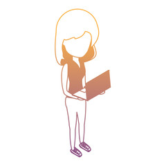avatar woman standing and  using a laptop computer over white background, colorful design. vector illustration