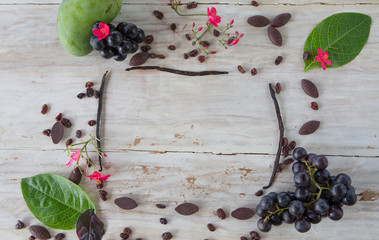 Chokolate, fruit, sweet spices frame copy space