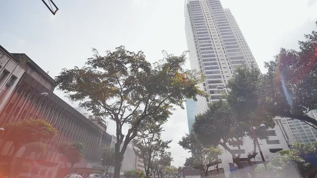 Skyscrapers in Manila. Shooting in motion. Makati District in Manila. Philippines.