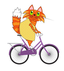 Cat on a bicycle, vector illustration. Ginger kitty on a violet bicycle. Cartoon spring illustration.