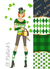 Set of St. Patrick's Day Patterns. A fashionable texture set on St. Patrick's Day. Lovely girl in a hat on a background of textures with leaves of a clover. Cute leprechaun girl.