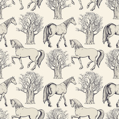 Vintage beautiful background with horses and trees, creative forest, retro seamless pattern, art fabric, fantasy  print, wallpaper for decoration and design