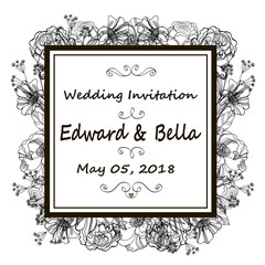 Vintage wedding invitation. Hand drawn vector meadow flowers and roses. Black and white illustration.