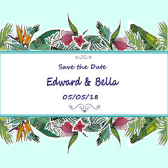 Tropical wedding invitation. Hand drawn vector palm leaves and exotic flowers.