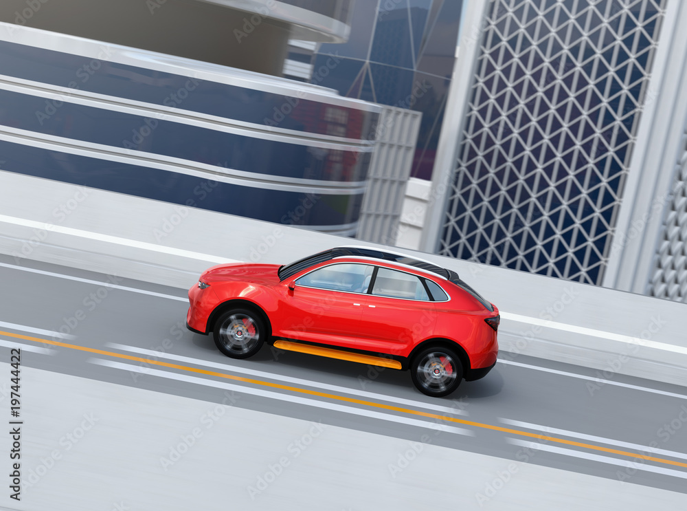Poster side view of metallic red electric suv driving on the highway. 3d rendering image.