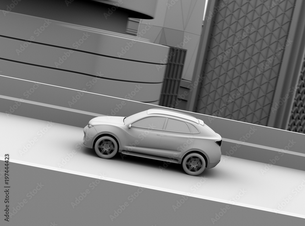 Poster side view of clay rendering electric suv driving on the highway. 3d rendering image.
