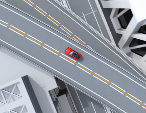 Aerial view of metallic red electric SUV driving on the highway. 3D rendering image. 