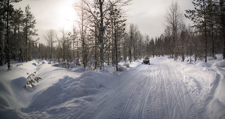 Obraz premium Snowy road through forest with snowmobile tracks in a bright winter day.