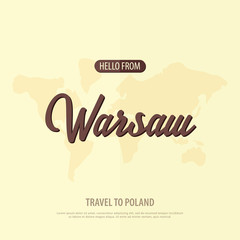 Hello from Warsaw. Travel to Poland. Touristic greeting card. Vector illustration