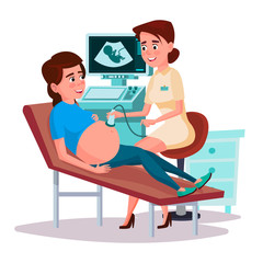 Vector cartoon ultrasound pregnancy screening concept. Female doctor, woman in medical uniform scanning young mother girl belly showing monitor smiling. Embryo baby health diagnostic illustration
