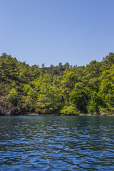 Scenic view of sea bay and mountain islands