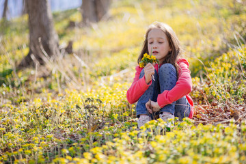 The lovely girl of years of eight walks in the spring wood, collects the first spring flowers