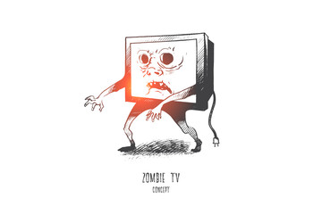 Zombie TV concept. Hand drawn media zombie person with tv set instead of head. Man with television head isolated vector illustration.