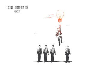 Think differently concept. Hand drawn person with lightbulb in hand as symbol of new idea. Man flying from crowd with light bulb isolated vector illustration.