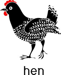 Black rooster with a red comb and title