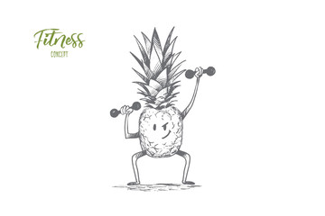 Fitness concept. Hand drawn pineapple cartoon character doing exercises with dumbbells. Pineapple as symbol of healthy lifestyle isolated vector illustration.
