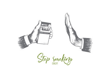 Stop smoking concept. Hand drawn person's hand reject cigarette. Cigarette pack in hand, gesture to reject proposal smoke isolated vector illustration.