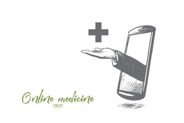 Online medicine concept. Hand drawn doctor's hand in mobile phone. Medical consultation via smartphone isolated vector illustration.