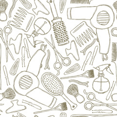 Seamless black-and-white pattern with hairdressers tools.