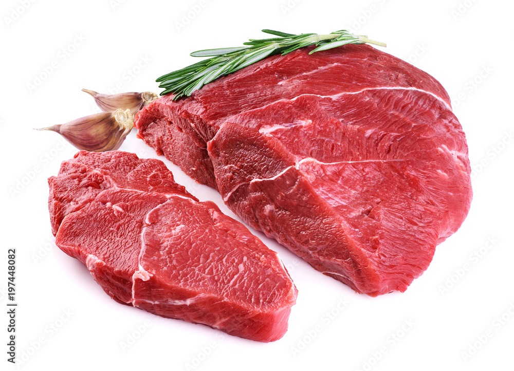 Sticker raw beef meat, garlic and rosemary isolated on white background.