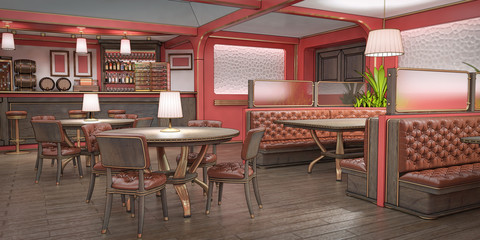 Fototapeta na wymiar The interior of the bar, rack and chairs, cabinets with bottles and barrels. 3d illustration