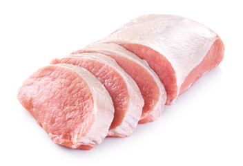 Raw sliced pork loin isolated on white background. Fresh meat.