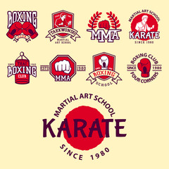 Set of cool fighting club emblems martial training champion graphic style punch sport fist karate vector illustration.