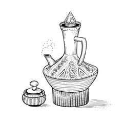 Ethiopian vintage coffeepot with a hot drink and figured pottery folk cup. National coffee ware. Vector sketch drawing engraving style. Illustration black and white items of coffee ceremony.