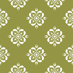 White floral seamless design on olive green background