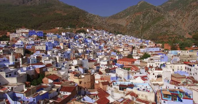 Chefchaouen, Morocco cityscape. Wide aerial shot. Aerial 4K Apr 2016