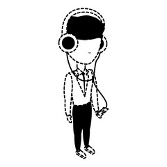 cartoon businessman standing and listening music with headphones over white background, vector illustration