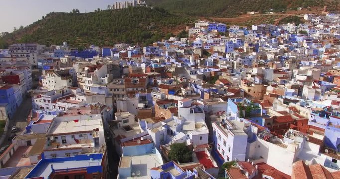 Chefchaouen, Morocco cityscape. Wide aerial shot. Aerial 4K Apr 2016