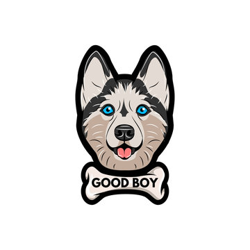 Husky dog with bone. Good boy lettering.  illustration.
