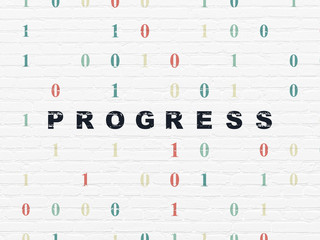 Finance concept: Painted black text Progress on White Brick wall background with Binary Code