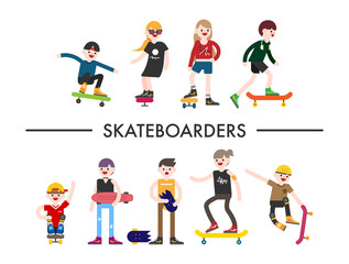 skateboarder character. vector flat design illustration set 