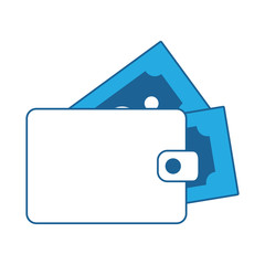 wallet with money bills icon over white background, blue shading design. vector illustration