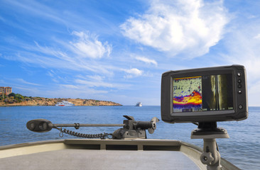 Fishfinder, echolot, fishing sonar at the boat - obrazy, fototapety, plakaty