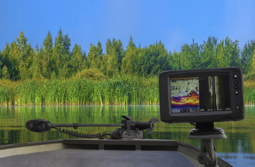 Fishfinder, echolot, fishing sonar at the boat