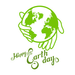 Earth Day lettering. Ecology concept with earth. The logo of the Earth Day. Green day emblem. Woman hugs the Planet.