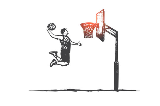 Basketball concept. Hand drawn player with ball jumping. Man playing in basketball isolated vector illustration.