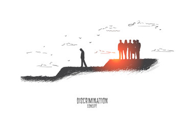 Discrimination concept. Hand drawn crowd of people expels one man from their community. Gossip people against one person isolated vector illustration.
