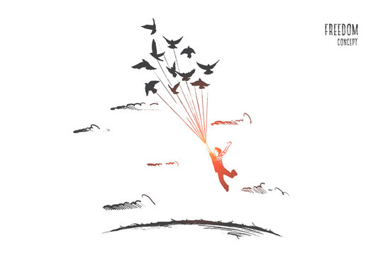 Freedom concept. Hand drawn person flying with birds. Emotion of freedom and happiness isolated vector illustration.