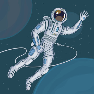 Astronaut with helmet. Space cosmonaut in spacesuit. Vector astronaut character.