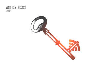 Wi-fi key access concept. Hand drawn key as symbol of password for wi-fi network. Protection of wireless isolated vector illustration.
