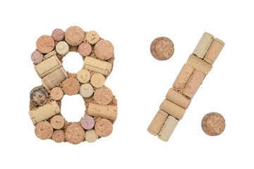 Number eight 8%  percent made of wine corks Isolated on white background