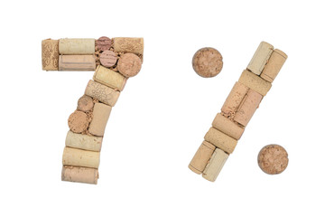 Number seven 7%  percent made of wine corks Isolated on white background