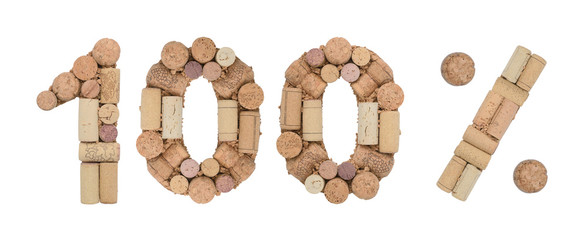 Number one hundred 100%  percent made of wine corks Isolated on white background