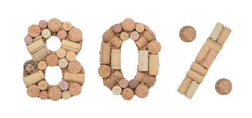 Number eighty 80%  percent made of wine corks Isolated on white background